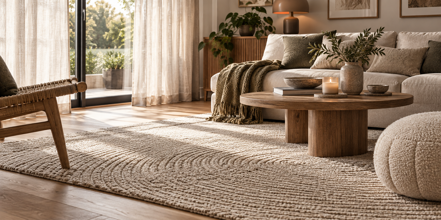 Vardagsrum med stor beige matta under soffa och soffbord